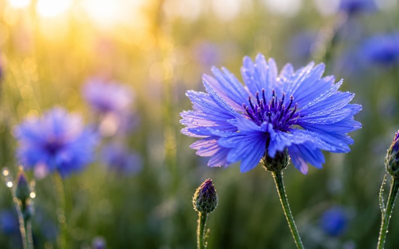 bild einer wiese mit blau blühenden blumen