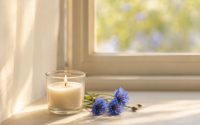 bild einer kerze und blumen vor einem fenster