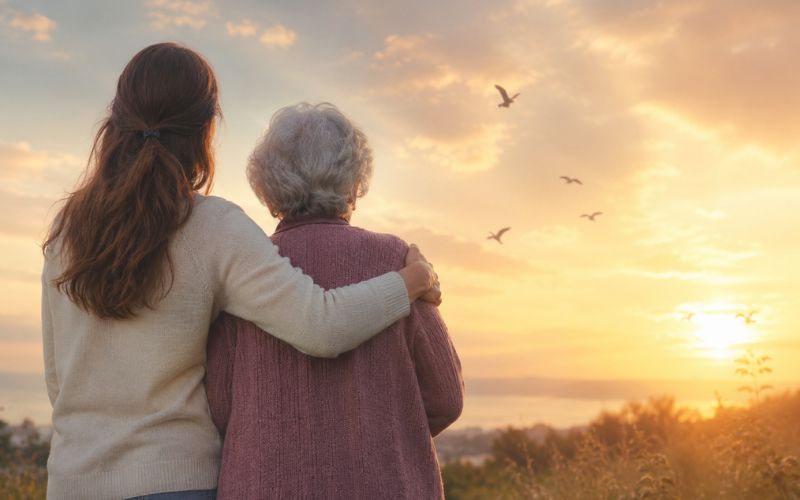 eine junge frau hält eine alte frau im arm